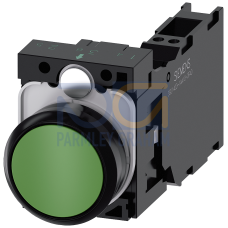 Pushbutton, 22 mm, round, plastic, green, pushbutton, flat, momentary contact type, with holder 1 NO+1 NC, spring-type terminal,