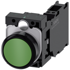 Pushbutton, 22 mm, round, plastic, green, pushbutton, flat, momentary contact type, with holder 1 NO+1 NC, spring-type terminal,