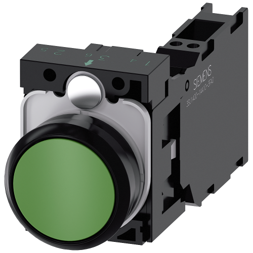 Pushbutton, 22 mm, round, plastic, green, pushbutton, flat, momentary contact type, with holder 1 NO+1 NC, spring-type terminal,