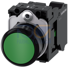 Pushbutton, 22 mm, round, plastic, green, pushbutton, flat, momentary contact type, with holder 1 NO, spring-type terminal, with laser labeling, up...