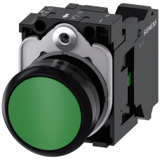 Pushbutton, 22 mm, round, plastic, green, pushbutton, flat, momentary contact type, with holder 1 NO