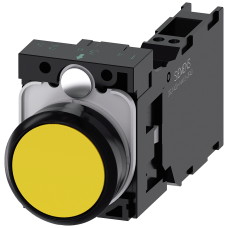 Pushbutton, 22 mm, round, plastic, yellow, pushbutton, flat, momentary contact type, with holder 1 NO+1 NC, spring-type terminal,