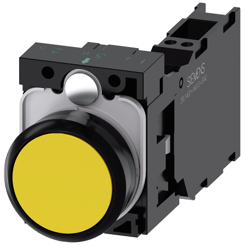 Pushbutton, 22 mm, round, plastic, yellow, pushbutton, flat, momentary contact type, with holder 1 NO+1 NC, spring-type terminal,