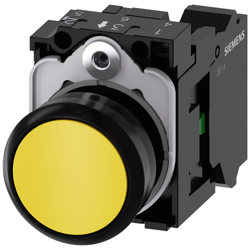 Pushbutton, 22 mm, round, plastic, yellow, pushbutton, flat, momentary contact type, with holder 1 N