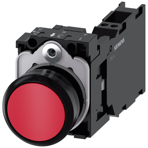 Pushbutton, 22 mm, round, plastic, red, pushbutton, flat, momentary contact type, with holder 1 NO+1 NC, spring-type terminal,