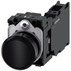 Pushbutton, 22 mm, round, plastic, black, pushbutton, flat, momentary contact type, with holder 1 NO+1 NC, spring-type terminal,