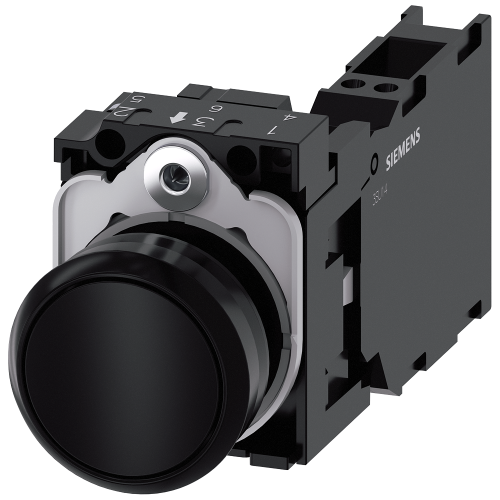 Pushbutton, 22 mm, round, plastic, black, pushbutton, flat, momentary contact type, with holder 1 NO+1 NC, spring-type terminal,