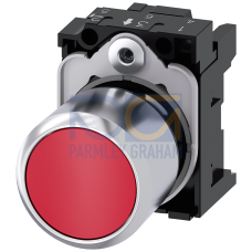 Pushbutton, compact, with extended stroke (12 mm), 22 mm, round, metal, red, pushbutton, flat, momentary contact type, with holder