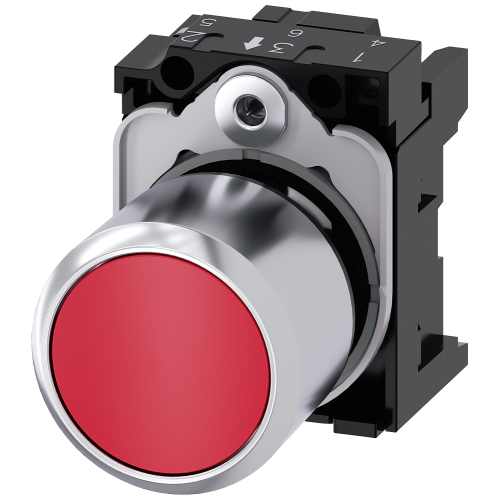 Pushbutton, compact, with extended stroke (12 mm), 22 mm, round, metal, red, pushbutton, flat, momentary contact type, with holder
