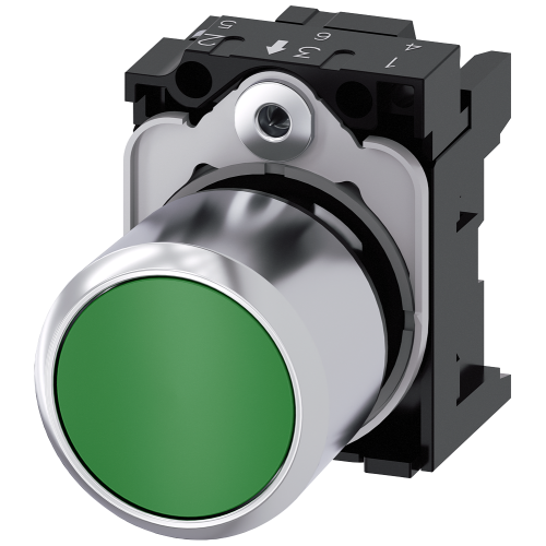 Pushbutton, compact, with extended stroke (12 mm), 22 mm, round, metal, green, pushbutton, flat, momentary contact type, with holder