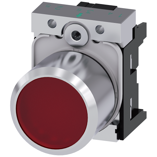 Pushbutton, compact, with extended stroke (12 mm), 22 mm, round, metal, red transparent, pushbutton, flat, momentary contact type, with holder