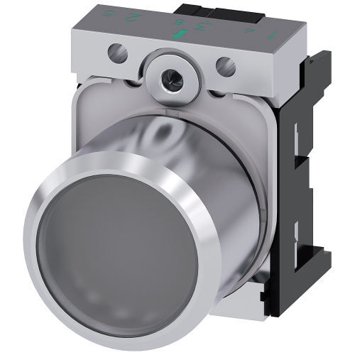 Pushbutton, compact, with extended stroke (12 mm), 22 mm, round, metal, clear, pushbutton, flat, momentary contact type, with holder