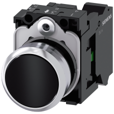 Pushbutton, 22 mm, round, metal, shiny, black, pushbutton, flat, momentary contact type, 1 NO, Sprin