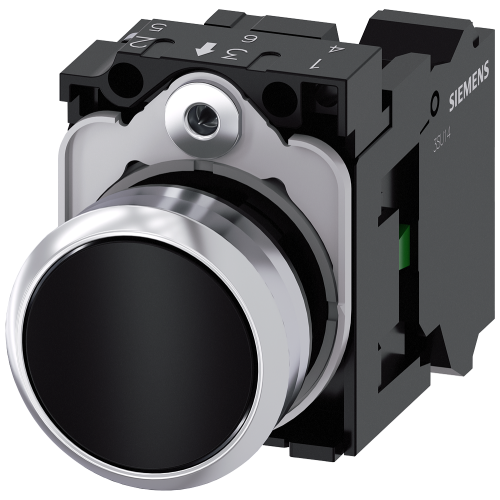 Pushbutton, 22 mm, round, metal, shiny, black, pushbutton, flat, momentary contact type, 1 NO, spring-type terminal, with laser labeling, upper cas...