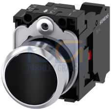 Pushbutton, 22 mm, round, metal, shiny, black, pushbutton, flat, momentary contact type, 1 NC, spring-type terminal, with laser labeling, upper cas...