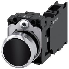 Pushbutton, 22 mm, round, metal, shiny, black, pushbutton, flat, momentary contact type, 1 NO+1 NC, Spring-type terminal