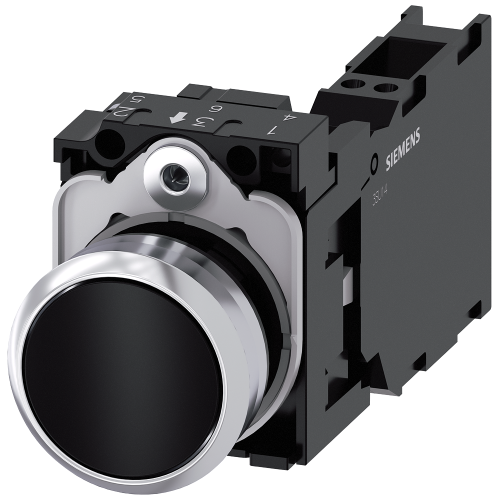 Pushbutton, 22 mm, round, metal, shiny, black, pushbutton, flat, momentary contact type, 1 NO+1 NC, Spring-type terminal