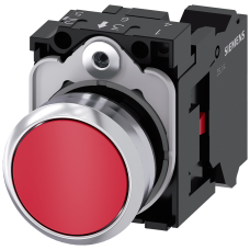 Pushbutton, 22 mm, round, metal, shiny, red, pushbutton, flat, momentary contact type, with holder,