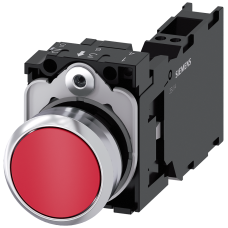 Pushbutton, 22 mm, round, metal, shiny, red, pushbutton, flat, momentary contact type, with holder, 1 NO+1 NC, Spring-type terminal