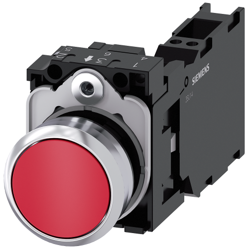 Pushbutton, 22 mm, round, metal, shiny, red, pushbutton, flat, momentary contact type, with holder, 1 NO+1 NC, Spring-type terminal