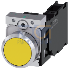 Pushbutton, 22 mm, round, metal, shiny, yellow, pushbutton, flat, momentary contact type, 1 NO+1 NC, Spring-type terminal