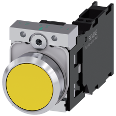 Pushbutton, 22 mm, round, metal, shiny, yellow, pushbutton, flat, momentary contact type, 1 NO+1 NC, Spring-type terminal