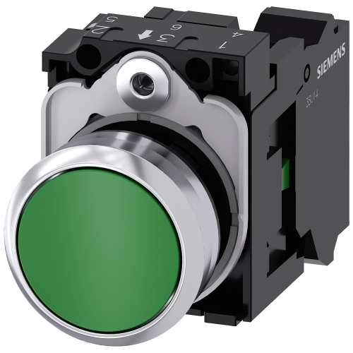 Pushbutton, 22 mm, round, metal, shiny, green, pushbutton, flat, momentary contact type, 1 NO, Sprin