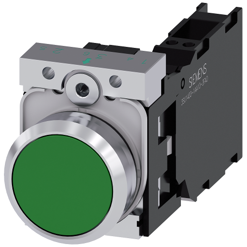 Pushbutton, 22 mm, round, metal, shiny, green, pushbutton, flat, momentary contact type, 1 NO+1 NC, Spring-type terminal