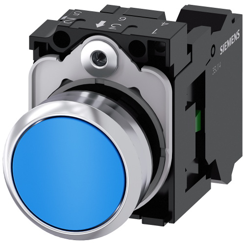 Pushbutton, 22 mm, round, metal, shiny, blue, pushbutton, flat, momentary contact type, 1 NO, Spring