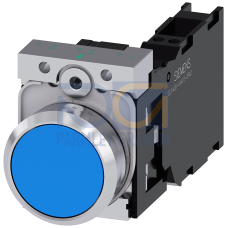 Pushbutton, 22 mm, round, metal, shiny, blue, pushbutton, flat, momentary contact type, 1 NO+1 NC, Spring-type terminal