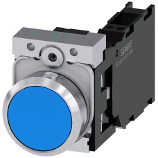 Pushbutton, 22 mm, round, metal, shiny, blue, pushbutton, flat, momentary contact type, 1 NO+1 NC, Spring-type terminal