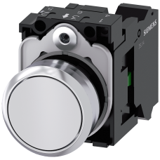 Pushbutton, 22 mm, round, metal, shiny, white, pushbutton, flat, momentary contact type, with holder