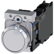 Pushbutton, 22 mm, round, metal, shiny, white, pushbutton, flat, momentary contact type, with holder, 1 NO+1 NC, Spring-type terminal