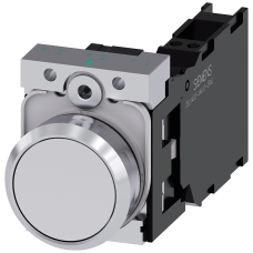 Pushbutton, 22 mm, round, metal, shiny, white, pushbutton, flat, momentary contact type, with holder, 1 NO+1 NC, Spring-type terminal