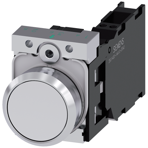 Pushbutton, 22 mm, round, metal, shiny, white, pushbutton, flat, momentary contact type, with holder, 1 NO+1 NC, Spring-type terminal