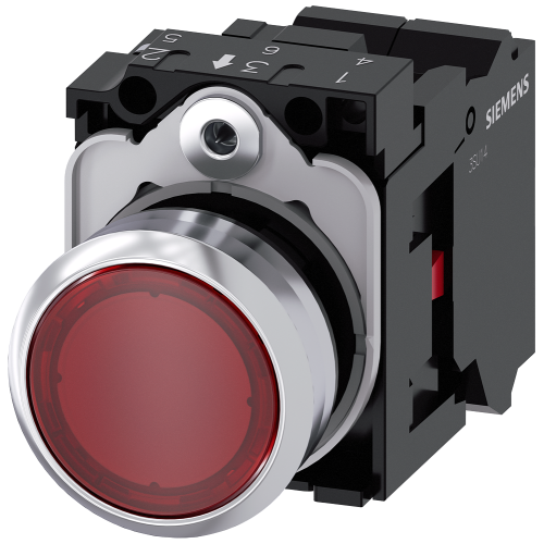 Illuminated pushbutton, 22 mm, round, metal, shiny, red, pushbutton, flat, momentary contact type, with holder, 1NC, LED module with integrated LED...