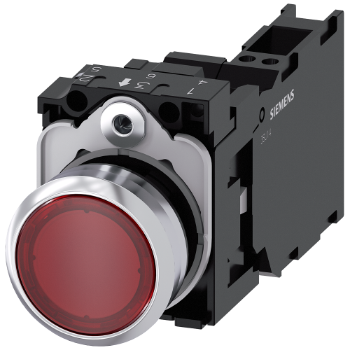 Illuminated pushbutton, 22 mm, round, metal, shiny, red, pushbutton, flat, momentary contact type, with holder, 1 NO+1 NC, LED module with integrat...