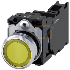 Pushbutton, illuminated, 22 mm, round, metal, high gloss, yellow, button, 1 NO + 1 NC