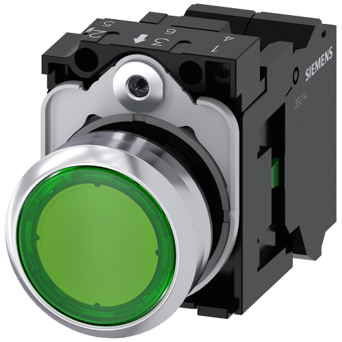 Pushbutton, illuminated, 22 mm, round, metal, high gloss, green, 1 NO