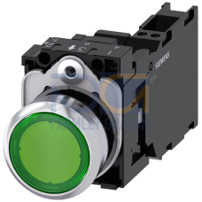 Illuminated pushbutton, 22 mm, round, metal, shiny, green, pushbutton, flat, momentary contact type, with holder, 1 NO+1 NC, LED module with integr...