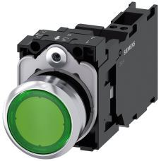 Pushbutton, illuminated, 22 mm, round, metal, high gloss, green, 1 NO + 1 NC