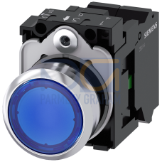 Illuminated pushbutton, 22 mm, round, metal, shiny, blue, pushbutton, flat, momentary contact type,