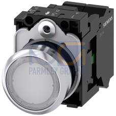 Illuminated pushbutton, 22 mm, round, metal, shiny, white, pushbutton, flat, momentary contact type, with holder, 1NO, LED module with integrated L...