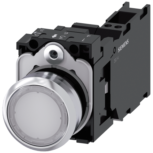 Pushbutton, illuminated, 22 mm, round, metal, high gloss, white, button, 1 NO + 1 NC