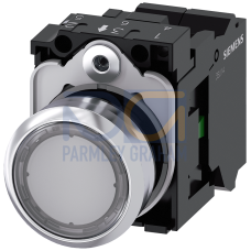 Illuminated pushbutton, 22 mm, round, metal, shiny, clear, pushbutton, flat, momentary contact type, with holder, 1NO, LED module with integrated L...