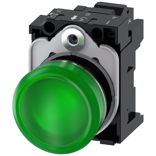 Indicator lights, 22 mm, round, metal, shiny, green, lens, smooth, with holder, LED module with inte