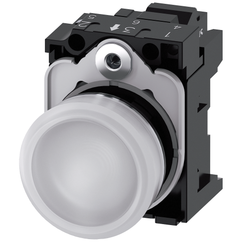 Indicator lights, 22 mm, round, metal, shiny, white, lens, smooth, with holder, LED module with inte