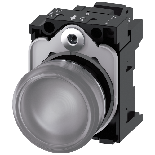 Indicator lights, 22 mm, round, metal, shiny, clear, lens, smooth, with holder, LED module with integrated LED 24 V AC/DC, Spring-type terminal