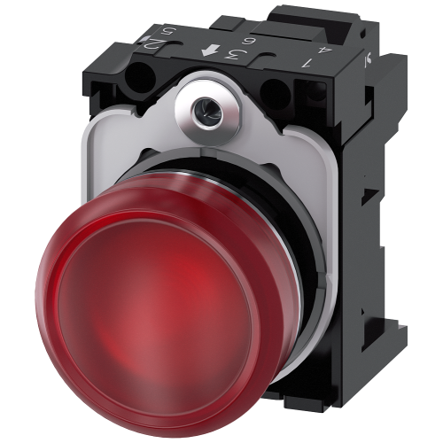 Indicator lights, 22 mm, round, metal, shiny, red, lens, smooth, with holder, LED module with integr