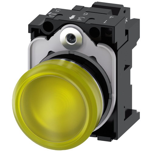 Indicator lights, 22 mm, round, metal, shiny, yellow, lens, smooth, with holder, LED module with integrated LED 110 V AC, Spring-type terminal